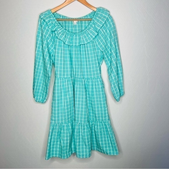 NWT! J. Crew Seersucker Ruffle Neck Mini Dress in Radiant Aqua. Size 10. - Picture 8 of 14